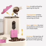 Cat food dispenser with features highlighted on a white background