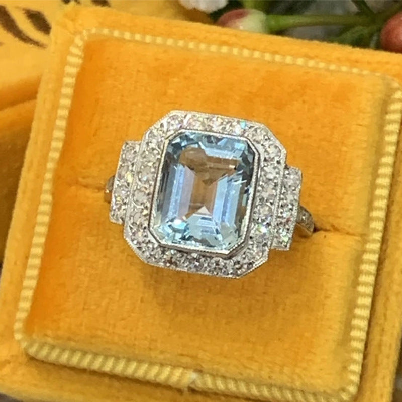 Luxury Square Sea Blue Zircon Ring