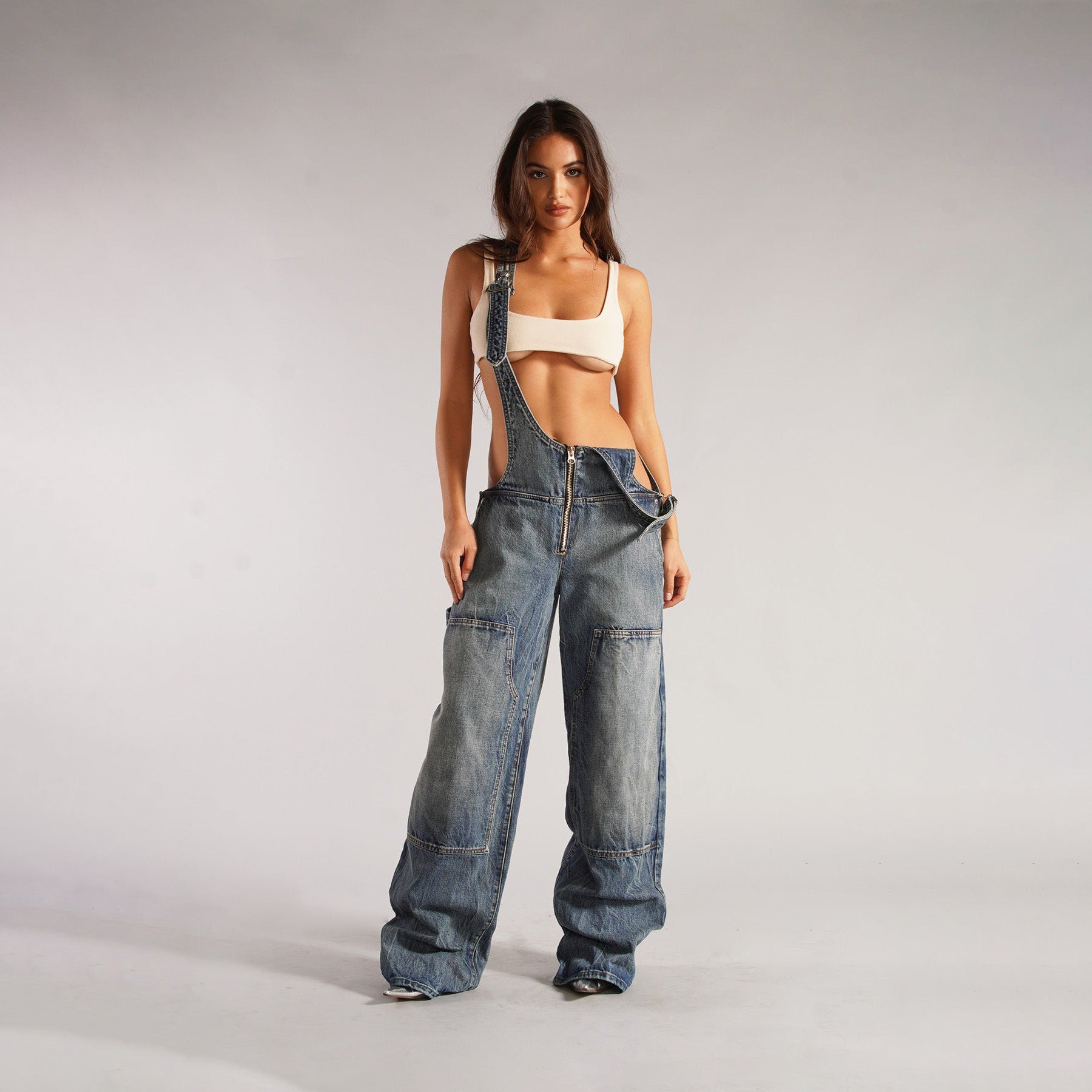 Y2K Zipper Denim Overalls With Pockets Fashion