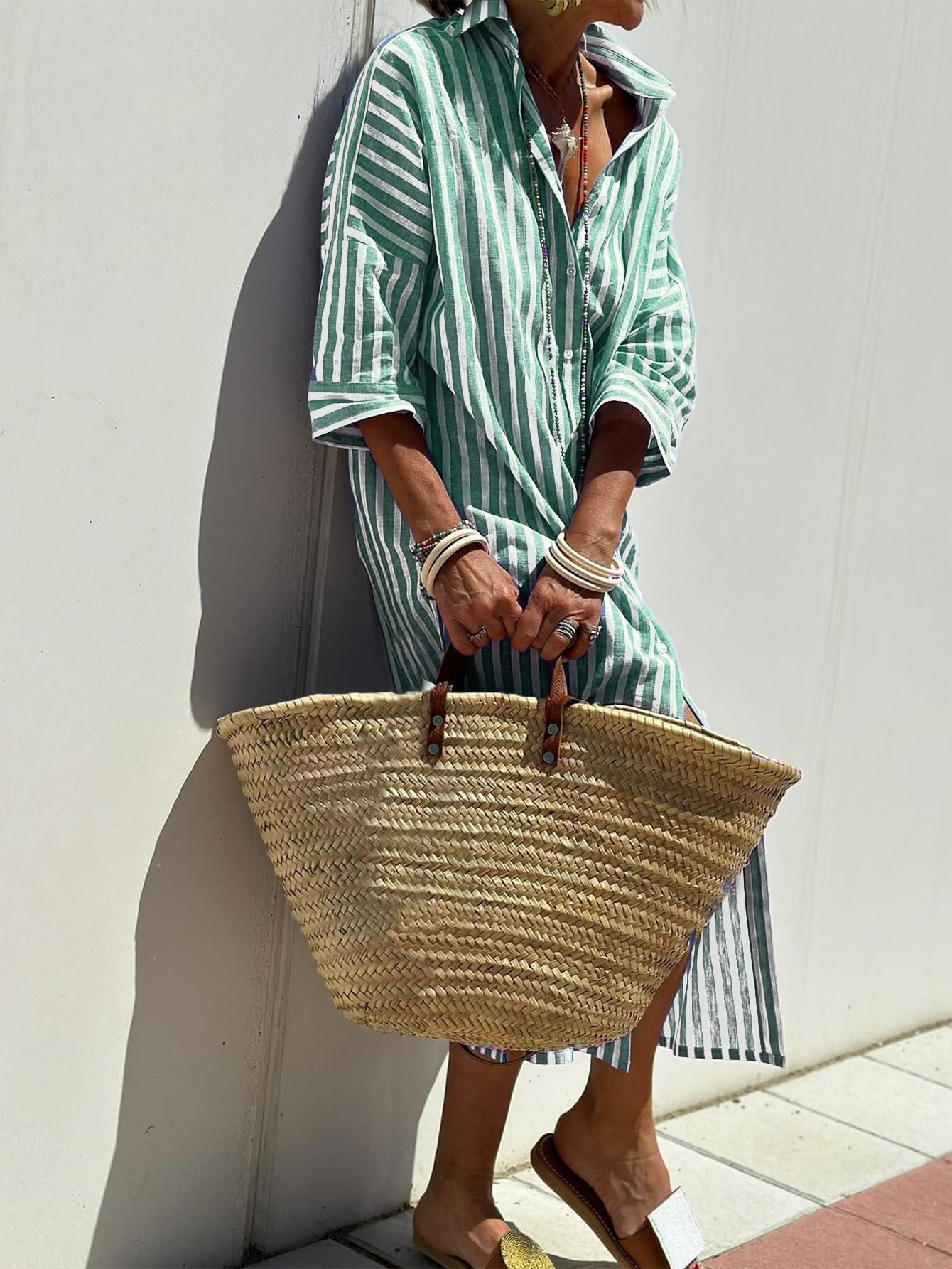 Striped Shirt Dress With Belt Fashion Half-sleeved Lapel Button