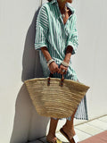 Striped Shirt Dress With Belt Fashion Half-sleeved Lapel Button