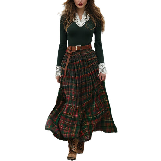 European And American Women's Autumn And Winter Plaid Maxi Dress Retro V-neck Long Sleeve Pastoral Style Dress