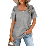 Gathered Striped Square Neck Short Sleeve T-Shirt Women