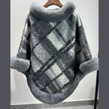Big Fur Collar Cloak Mid - length Batwing Sleeve Pullover Classic Plaid Shawl - MyStylz