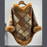 Big Fur Collar Cloak Mid - length Batwing Sleeve Pullover Classic Plaid Shawl - MyStylz