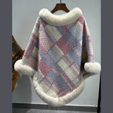 Big Fur Collar Cloak Mid - length Batwing Sleeve Pullover Classic Plaid Shawl - MyStylz