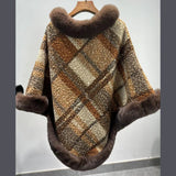 Big Fur Collar Cloak Mid - length Batwing Sleeve Pullover Classic Plaid Shawl - MyStylz
