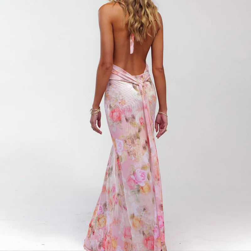 Floral Print Halter Maxi Bodycon Dress