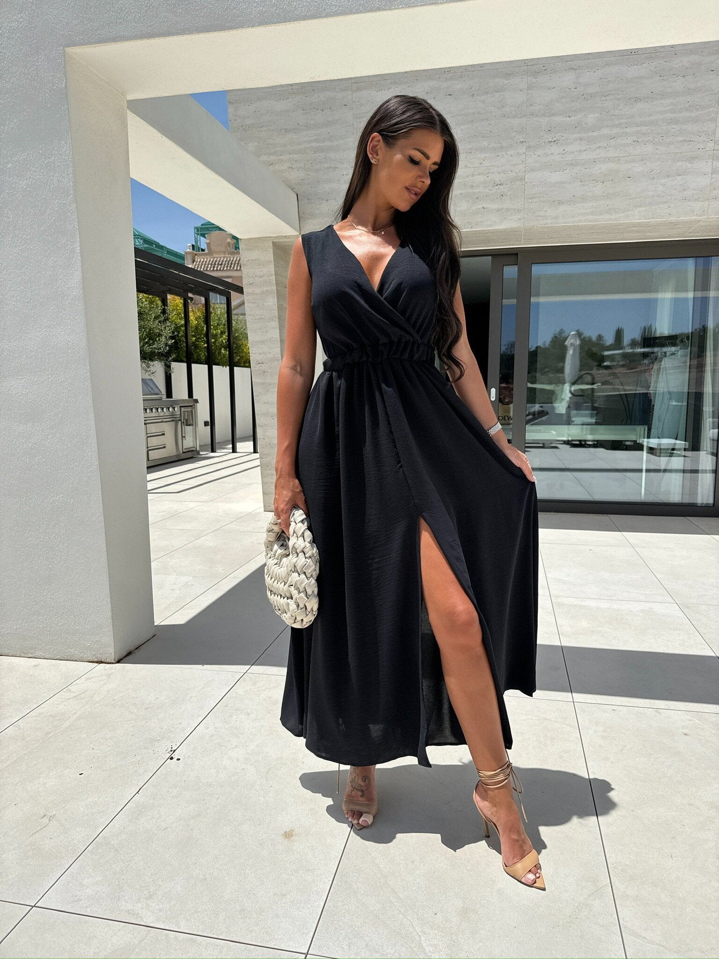 Pure Color Elastic Waist Split Dress Long