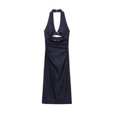 Halter Long Dress Woman Pleated Midi Dress
