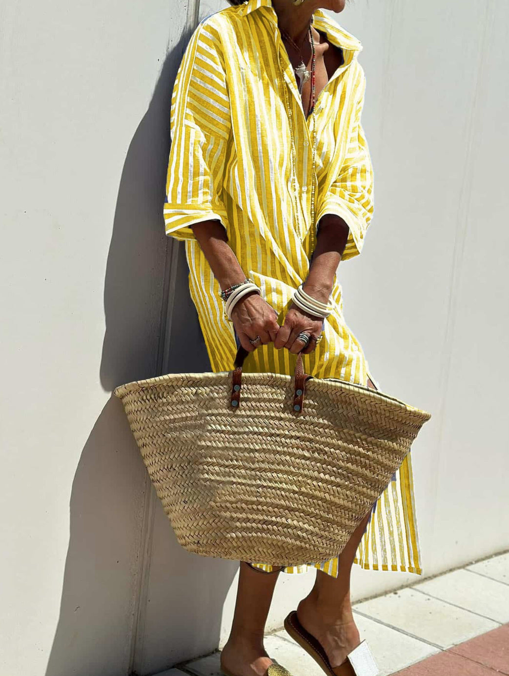Striped Shirt Dress With Belt Fashion Half-sleeved Lapel Button