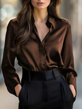 Satin Long Sleeve Blouse For Women Button-Up Collar Shirt