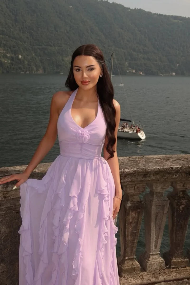 Lavender Halter Neck Prom Dresses Floral Chiffon Ruffles Evening Dresses