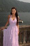 Lavender Halter Neck Prom Dresses Floral Chiffon Ruffles Evening Dresses