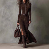Slim Zipper Dress Elegant Temperament Split Long-sleeved Dresses