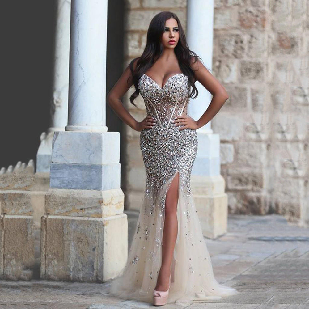 Gold Split V-neck Sleeveless Dress Gauzy Gown