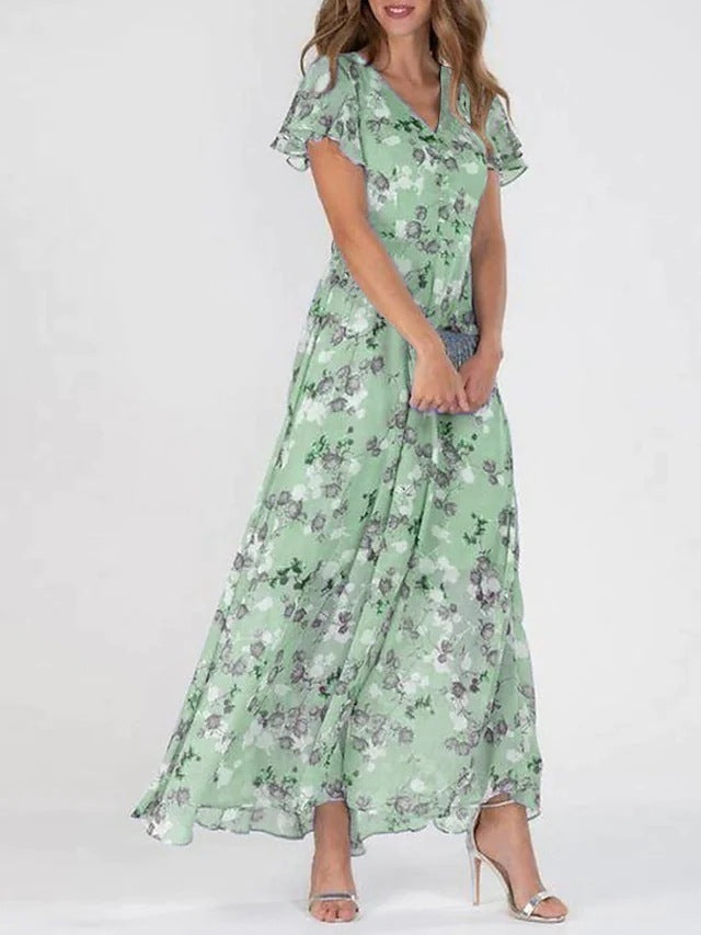 Flowers Print Short Sleeve Dress Summer Fashion