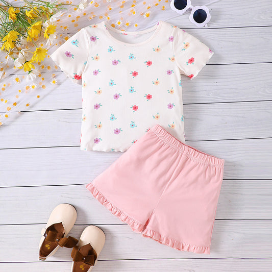 Girls' Floral Printed Shorts Two-piece Set