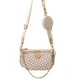 Beige geometric patterned handbag with matching round coin purse on a white background