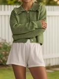 Frill Button Up Collared Neck Long Sleeve Cardigan