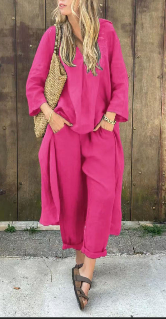 2pcs Long-sleeved Suits Loose V-neck Long Top And High Waist Wide Leg Pants