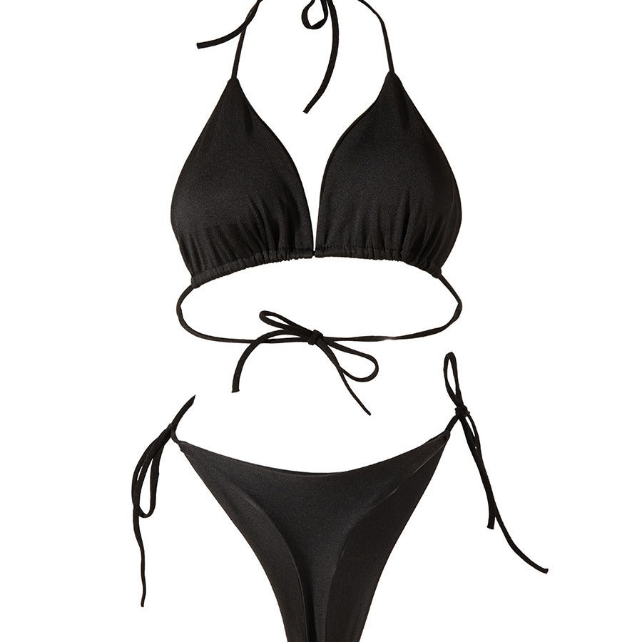 Solid Color Lace-up Bikini Three-point T-back