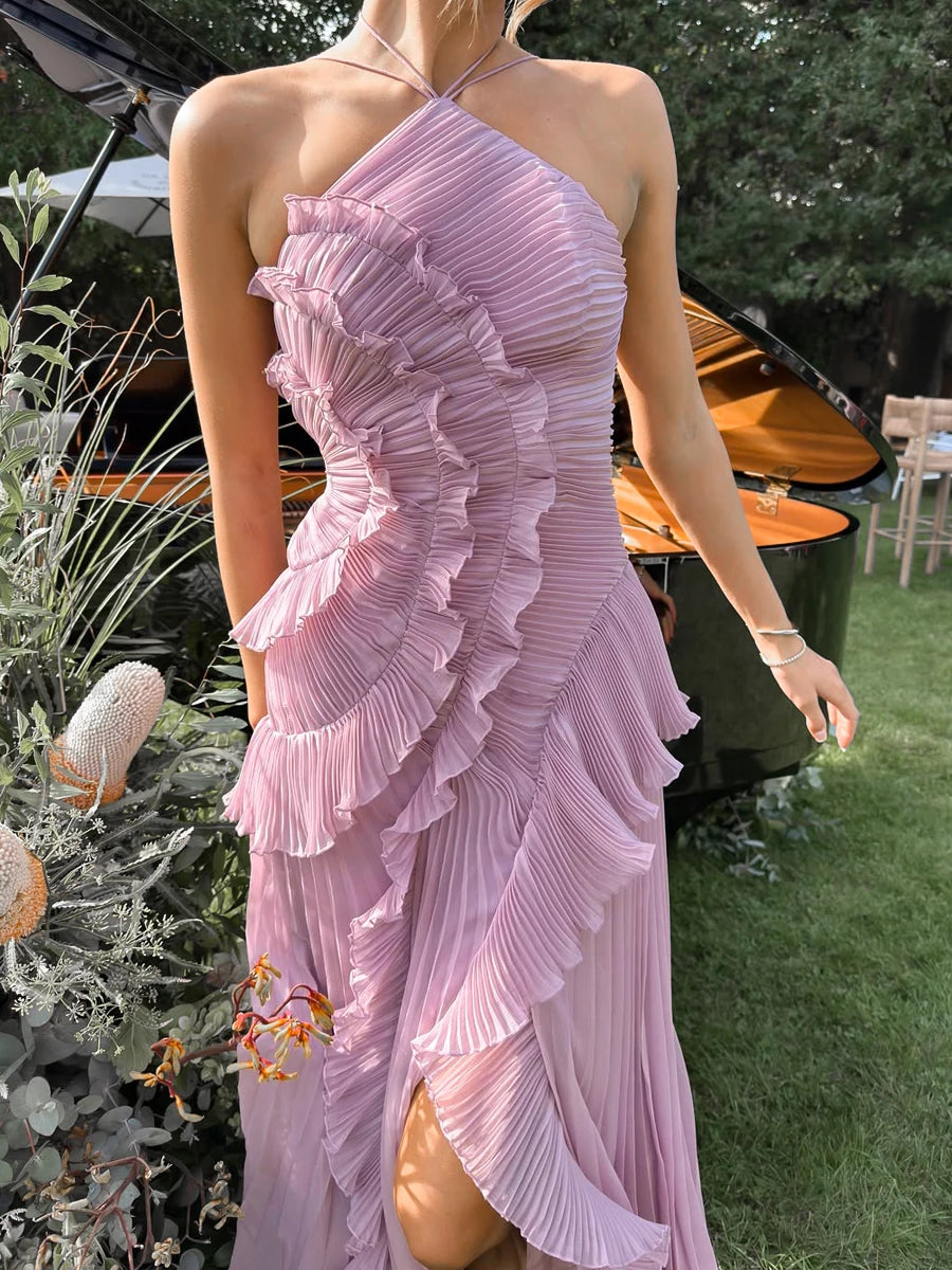 Pleated Halter Neck Long Dress With Lotus Purple Strapless