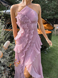 Pleated Halter Neck Long Dress With Lotus Purple Strapless