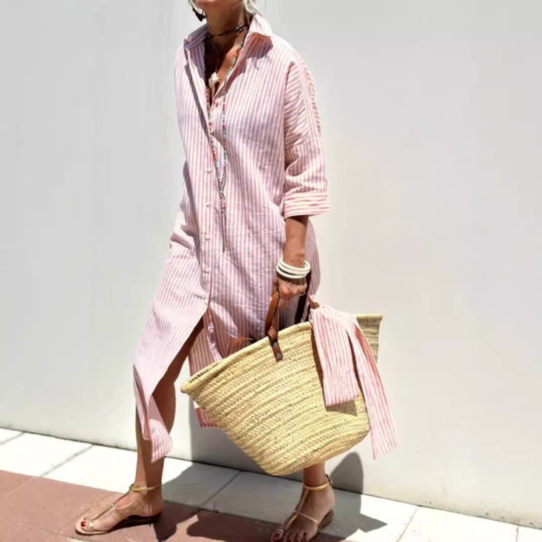 Striped Shirt Dress With Belt Fashion Half-sleeved Lapel Button