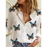 3d Printed Polka Dot Butterfly Long Sleeve Turn-down Collar Casual Shirt -Women's clothing