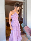 Pleated Halter Neck Long Dress With Lotus Purple Strapless