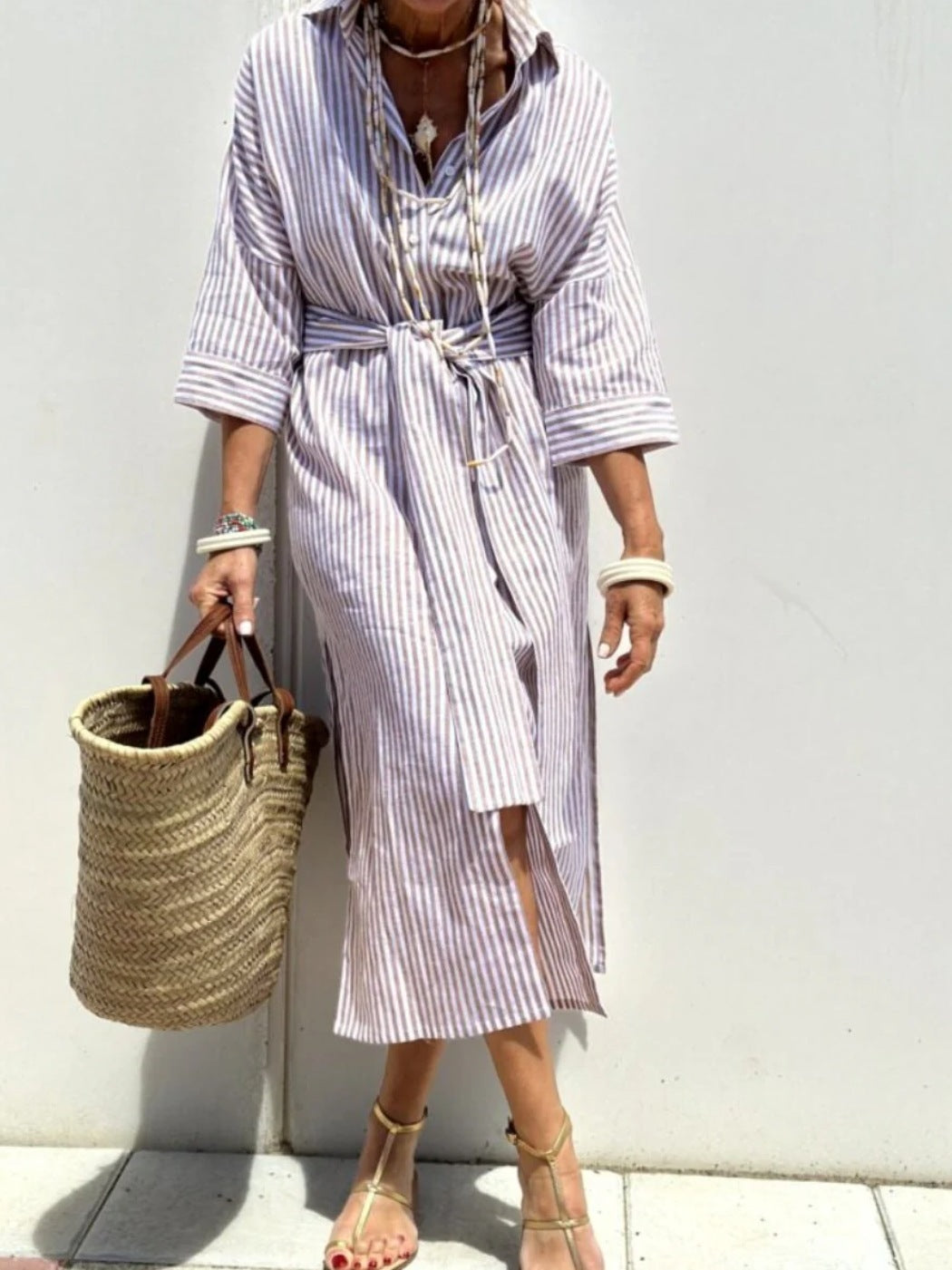 Striped Shirt Dress With Belt Fashion Half-sleeved Lapel Button