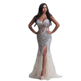 Gold Split V-neck Sleeveless Dress Gauzy Gown