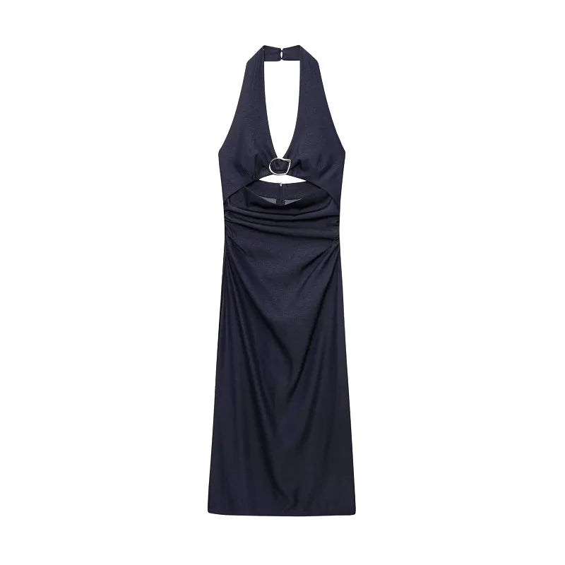 Halter Long Dress Woman Pleated Midi Dress