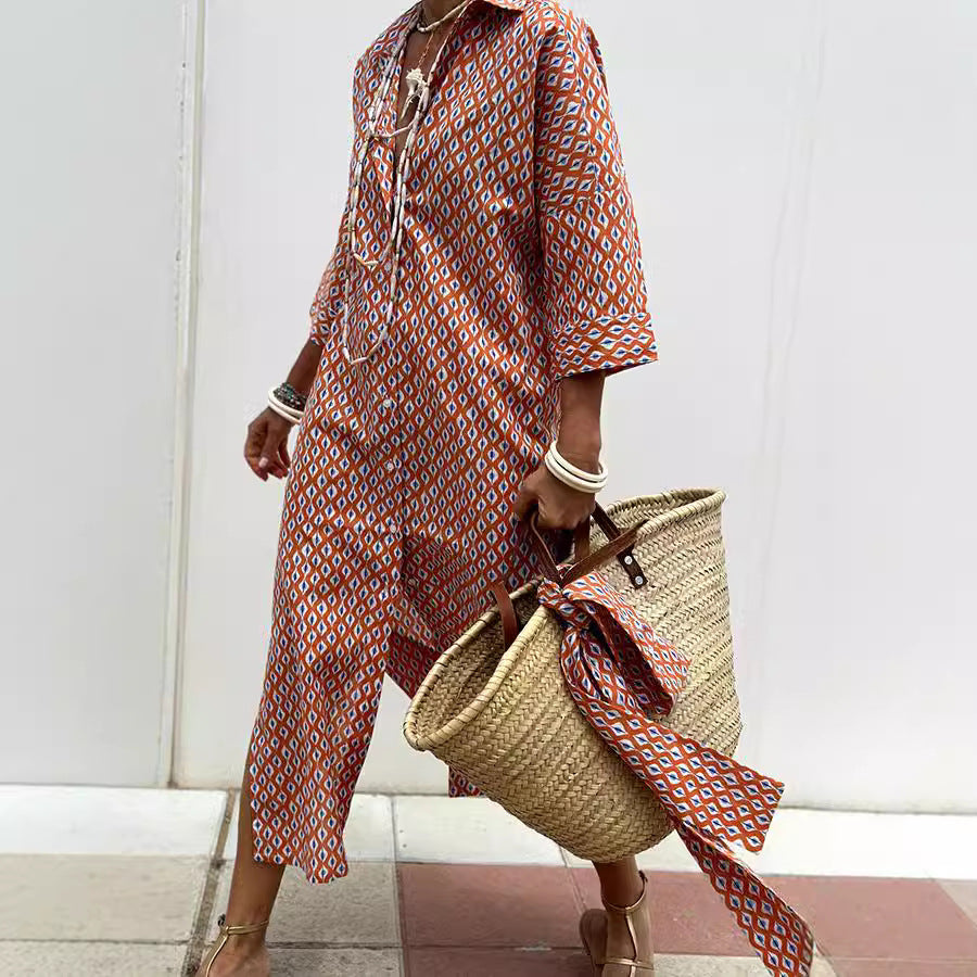 Striped Shirt Dress With Belt Fashion Half-sleeved Lapel Button