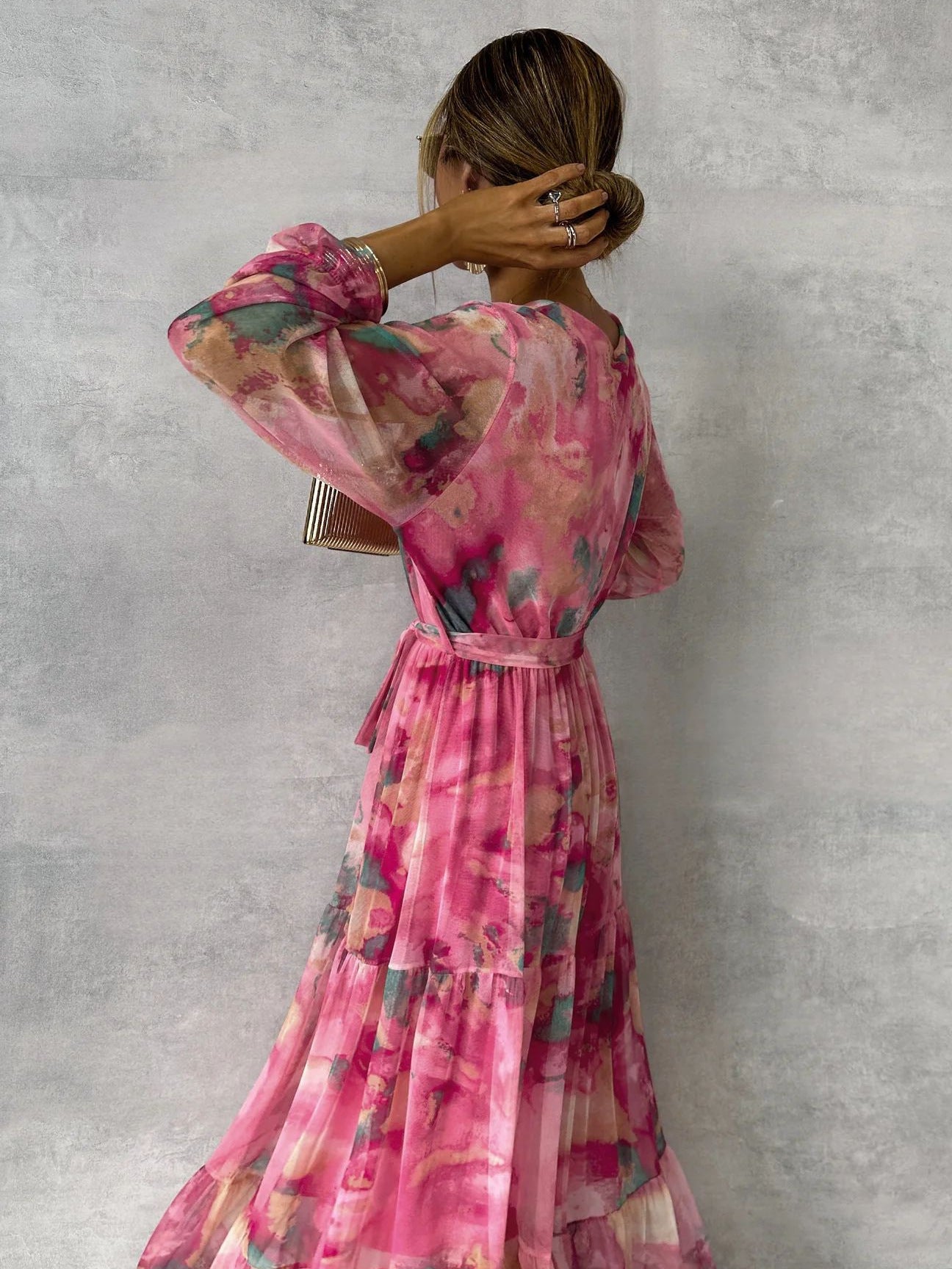 Long-sleeved Floral Print Dress Elegant V-neck