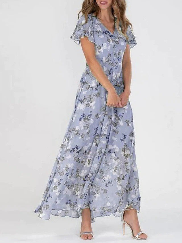 Flowers Print Short Sleeve Dress Summer Fashion