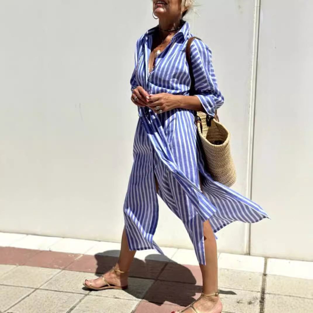 Striped Shirt Dress With Belt Fashion Half-sleeved Lapel Button