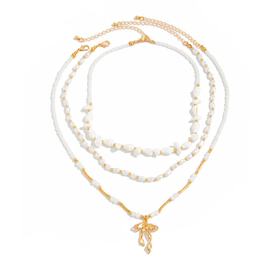 Beaded Clavicle Chain Wind Bow Pendant Necklace