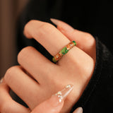 Vintage Floral Ring Green Enamel Statement Ring Retro Diamond Pearl Flower Ring For Women Fashion Jewelry