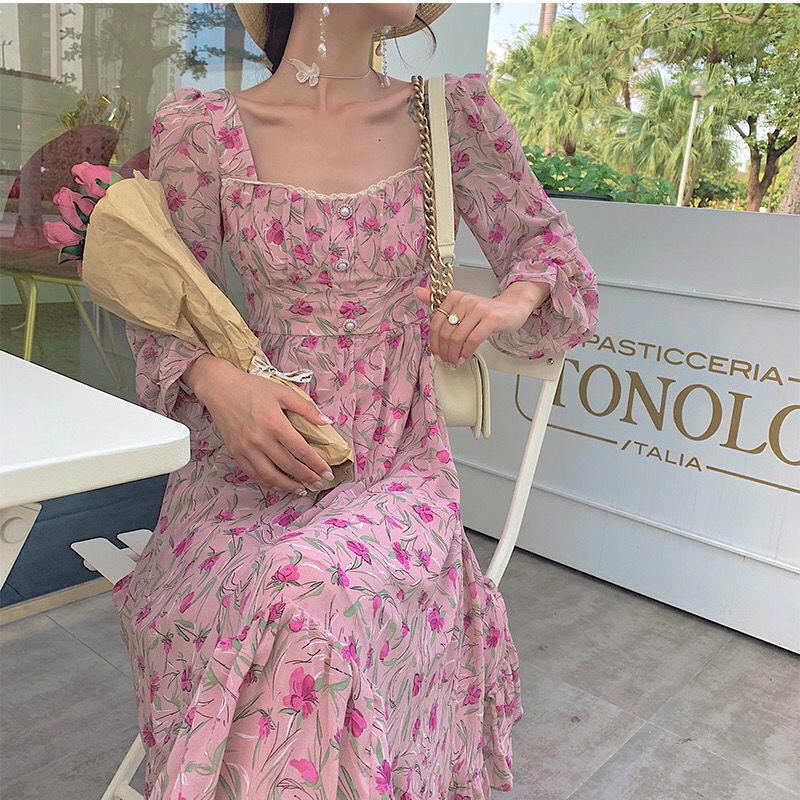 Square Collar, Long Sleeves, Waist, Thin, Pearl Buttons, Floral Dress, Women