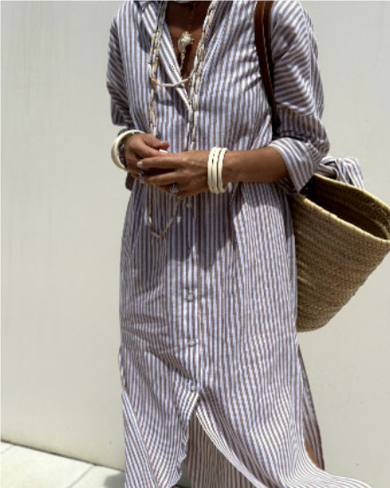Striped Shirt Dress With Belt Fashion Half-sleeved Lapel Button