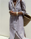 Striped Shirt Dress With Belt Fashion Half-sleeved Lapel Button