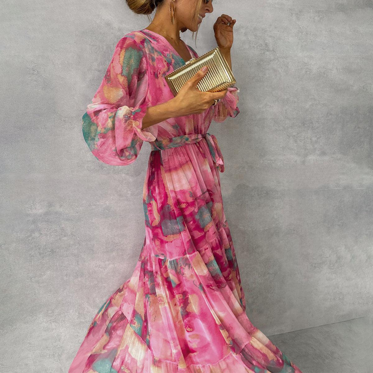 Long-sleeved Floral Print Dress Elegant V-neck
