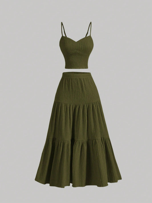 Casual Solid Color Ribbed Fit Vest Top And Ruched Hem A- Line Skirt