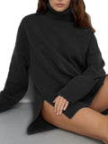 Side Slit Turtleneck Drop Shoulder Sweater