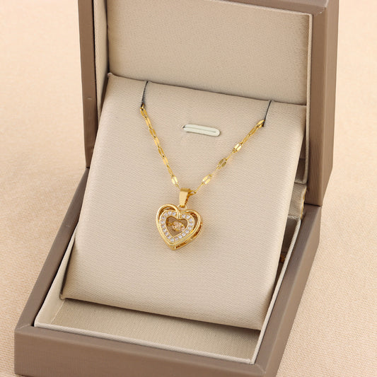 Double-layer Love Necklace With Rhinestones Titanium Steel