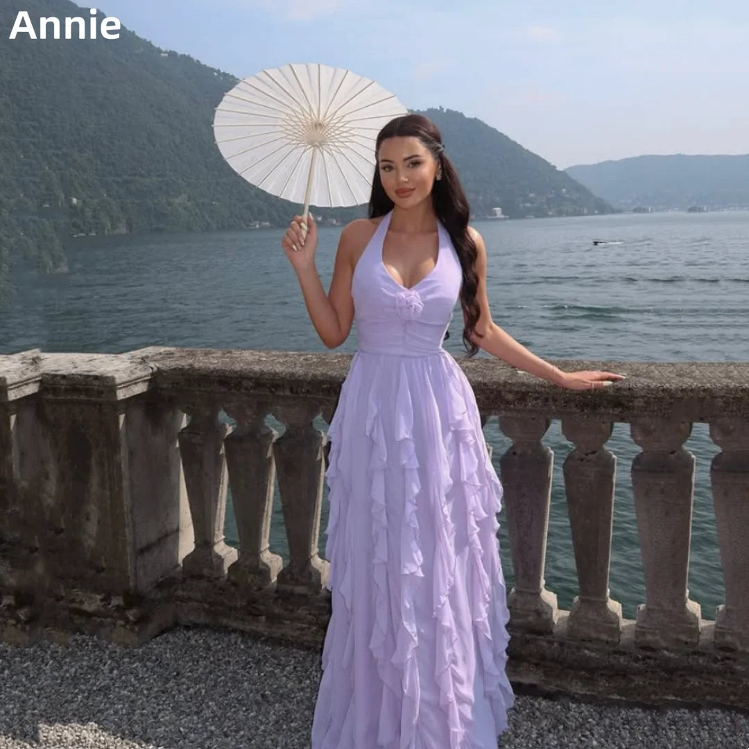 Lavender Halter Neck Prom Dresses Floral Chiffon Ruffles Evening Dresses