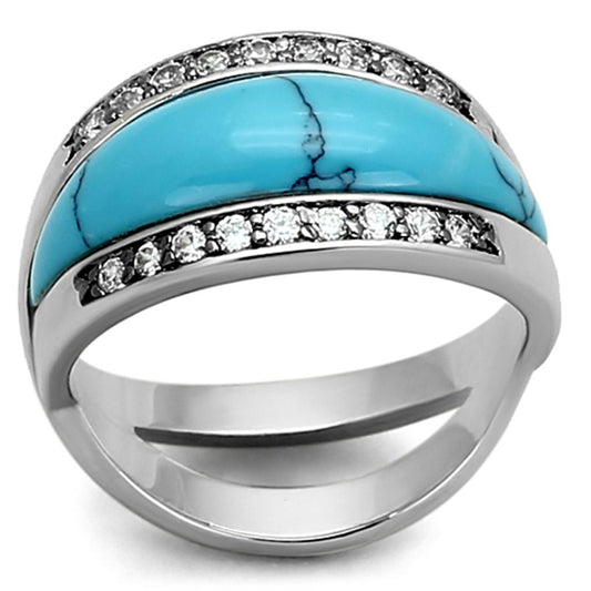 LOA882 - Rhodium Brass Ring with Synthetic Turquoise in Sea Blue