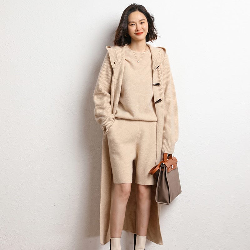 Long Below Knee Thickening Hooded Sweater Horn Button Trench Coat - MyStylz